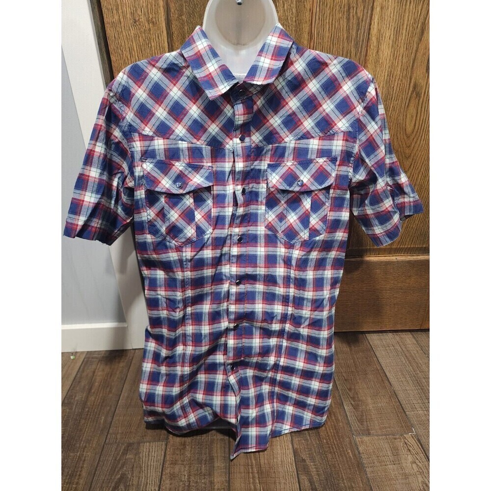 No Retreat Western Shirt Men Size M Blue Pearl Snap Button Up Short Sleeve